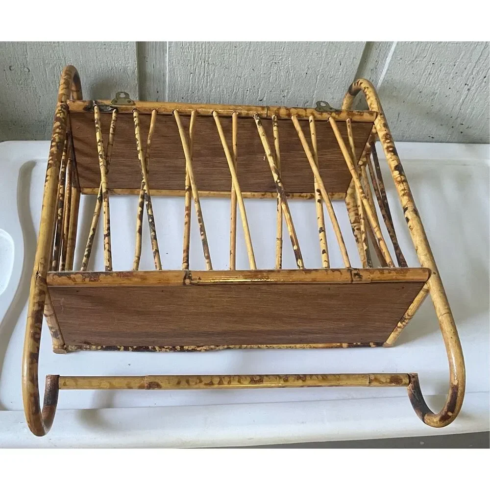 Vtg Tortise Shell Bamboo Boho Tiki Cane Rattan Wicker 2 level Wall Shelf w/ Towe